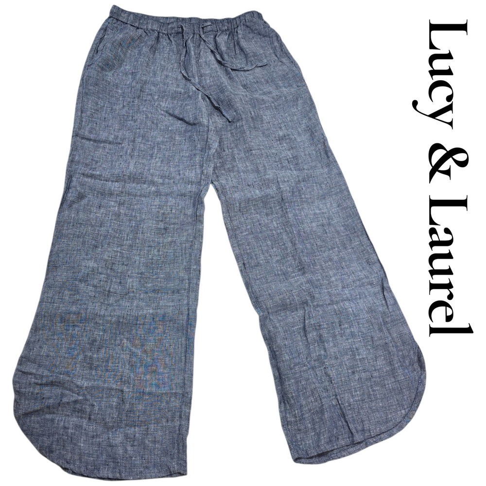 Lucy & Laurel Linen Pants 14 Blue Wide Leg Drawstring‎ Coastal Culottes Boho